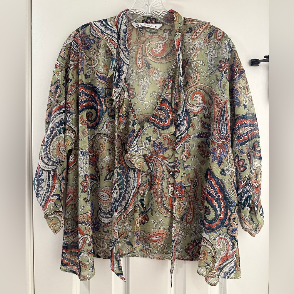 Zara top, blouse, size medium, paisley print, floaty, soft green, red, and navy